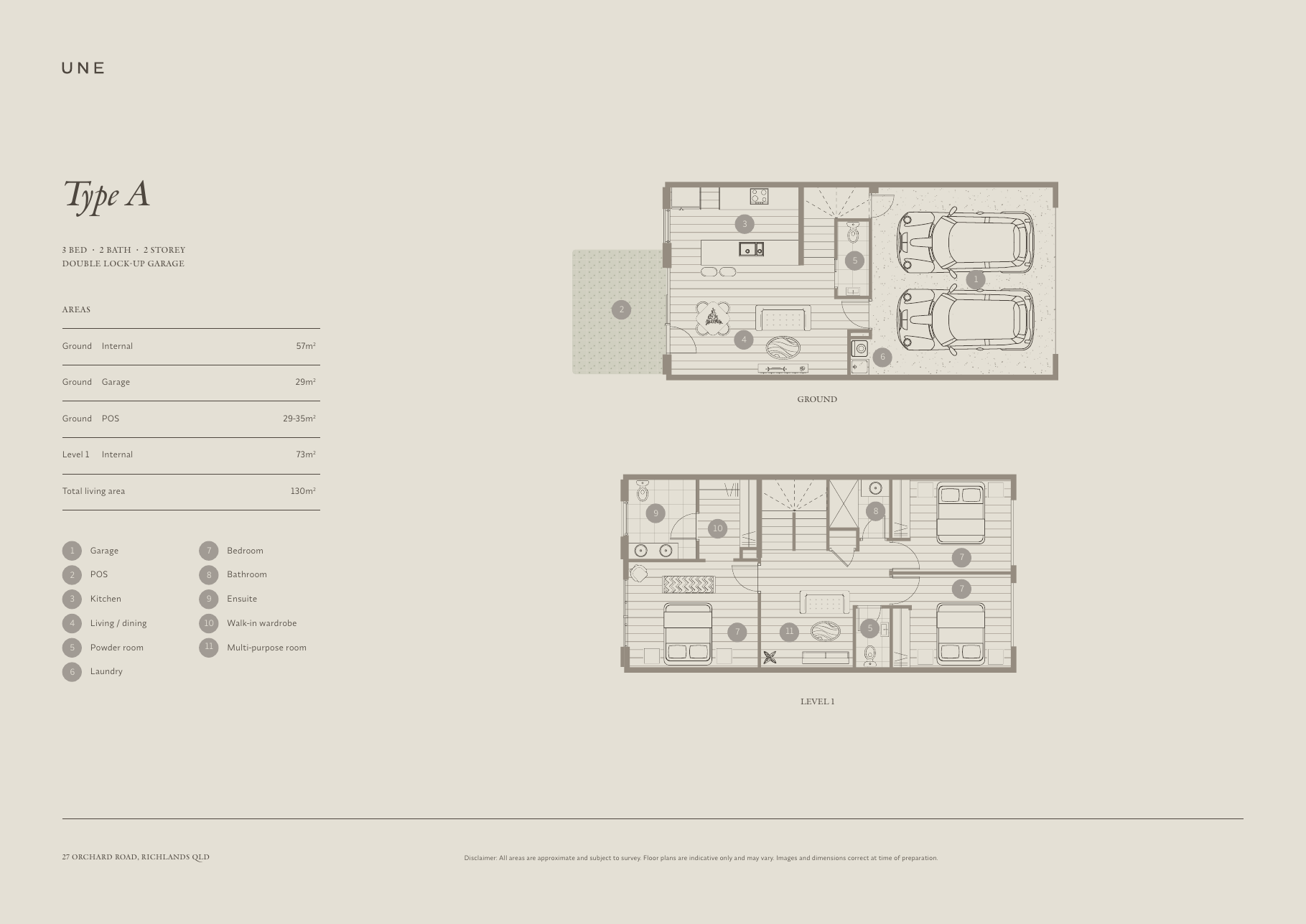 UNE Type A floorplan with ground and level one layouts and revised area dimensions.