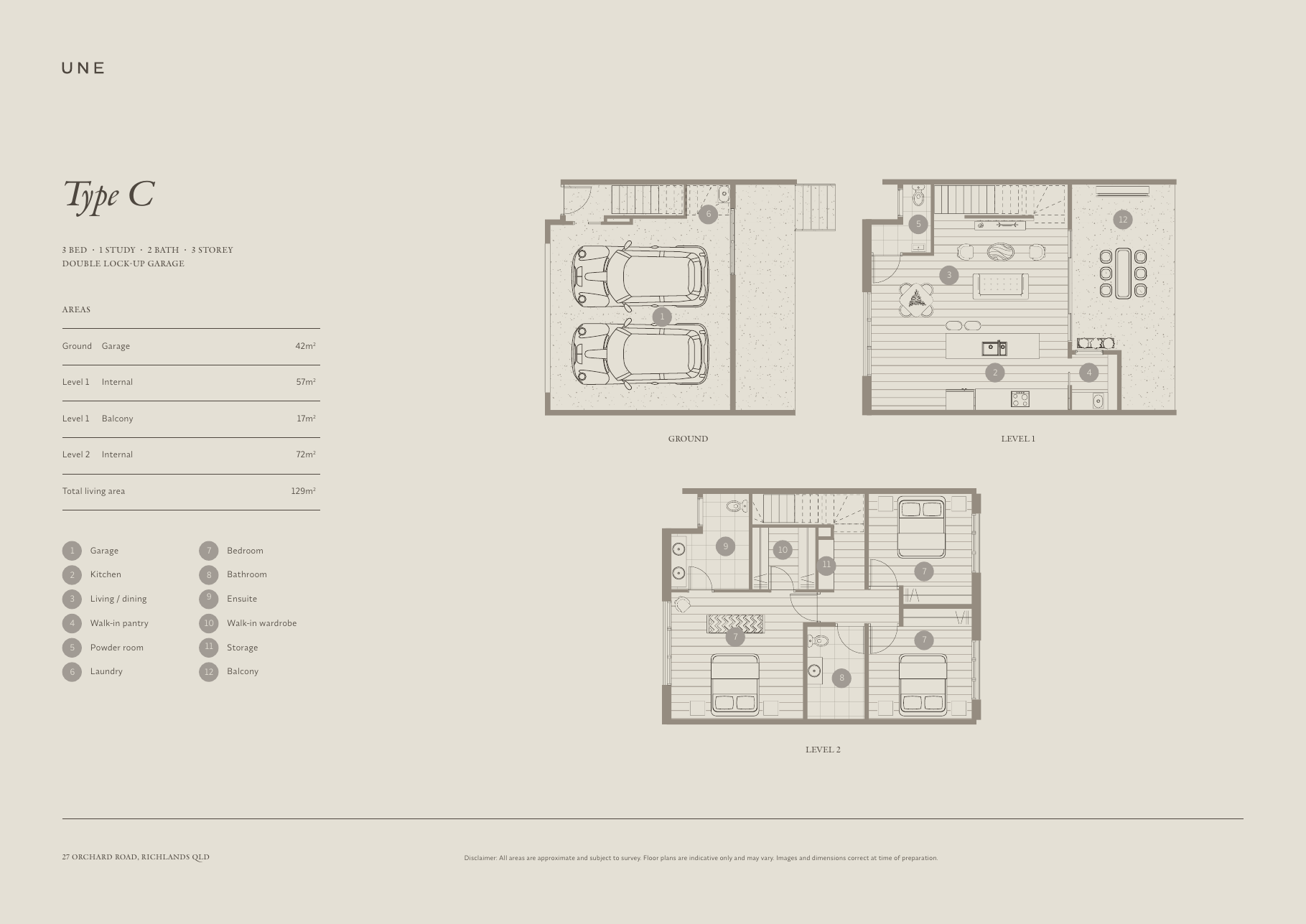 UNE Type C floorplan with ground, level one and level two layouts and revised area dimensions.