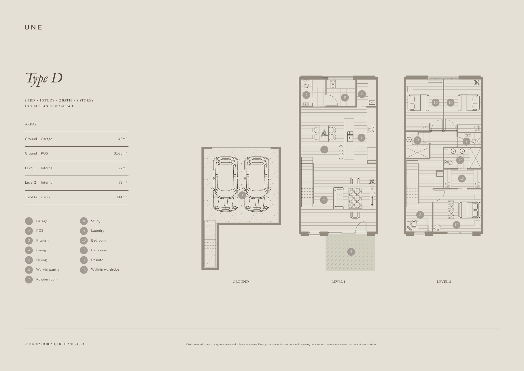 UNE Type D floorplan with ground, level one and level two layouts and revised area dimensions.